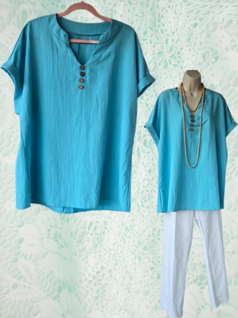 Sky Blue Boho Relaxed Fit Button Down Blouse Casual